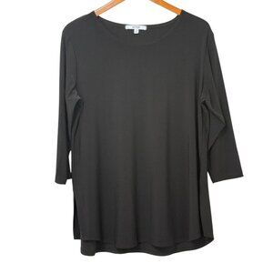Sympli Classic Black Slinky Knit Tunic Top Blouse 3/4 Sleeve Side Slits Size 16